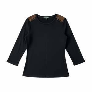 Lauren Ralph Lauren Black Ribbed Knit Top Faux Suede Shoulder Patches Large